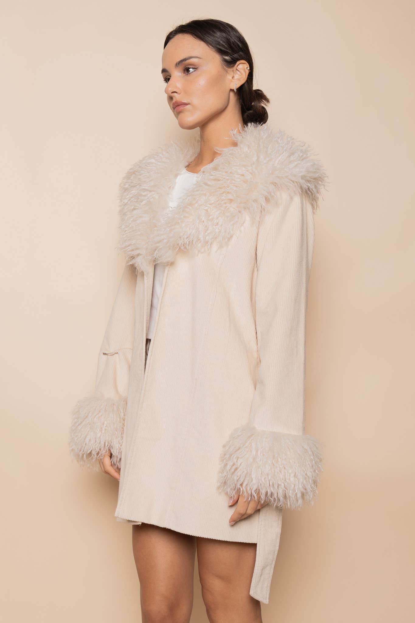 FUR LINED COLLAR HEM WAIST TIE JACKET