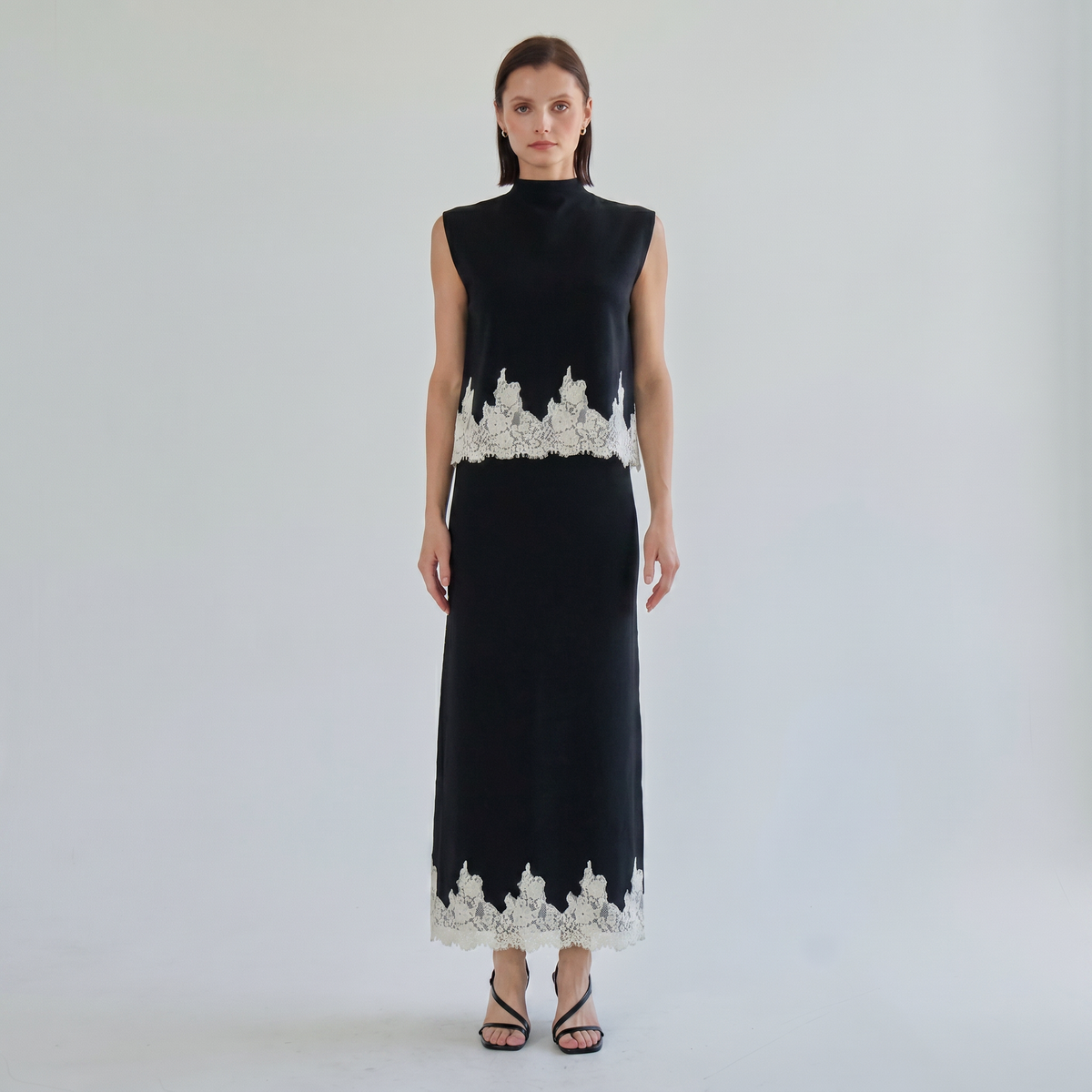 Lace Trim Mock Neck Top & Maxi Skirt Knit Set
