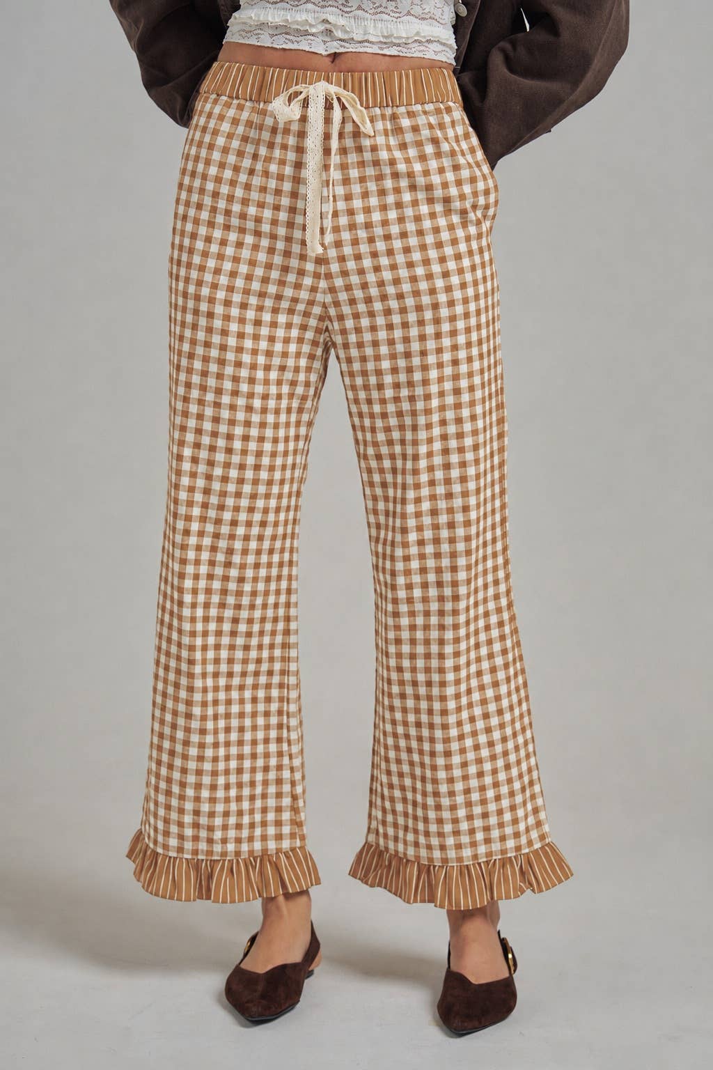 GINGHAM CHECK ELASTIC WAIST PANTS