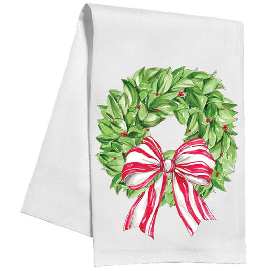 Christmas Wreath Berries and Red Striped Bow Kitchen Towel