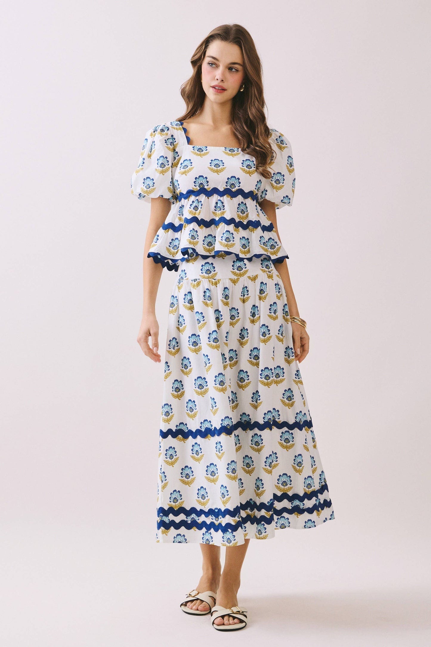 Floral Print Wide Waistband Contrast Border Skirt