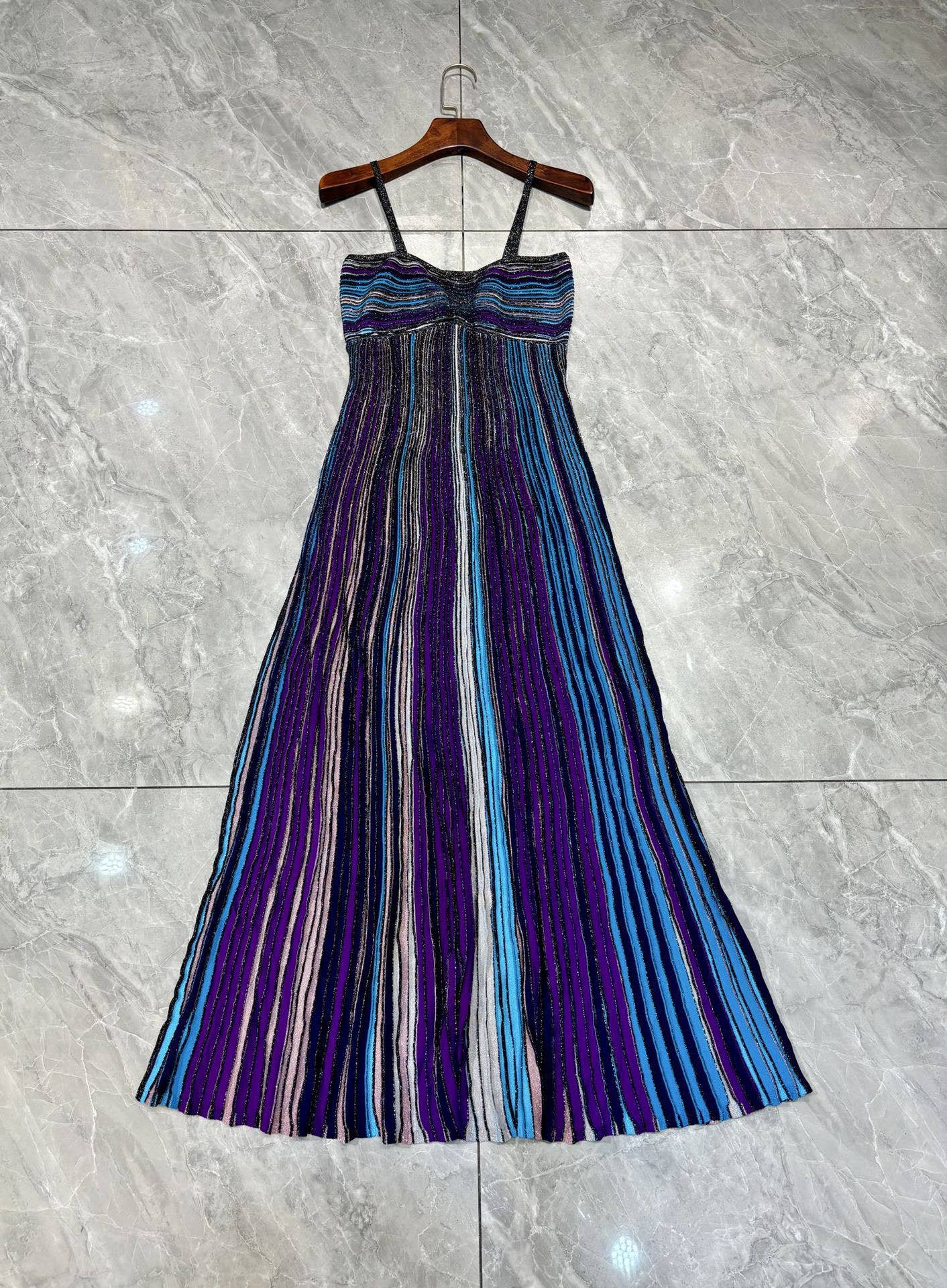 DR612 Summer Retro Knitted Dress with Striped Contrast