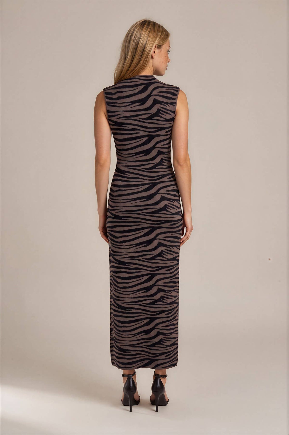 Zebra Print Mock Neck Sleeveless Knit Maxi Dress