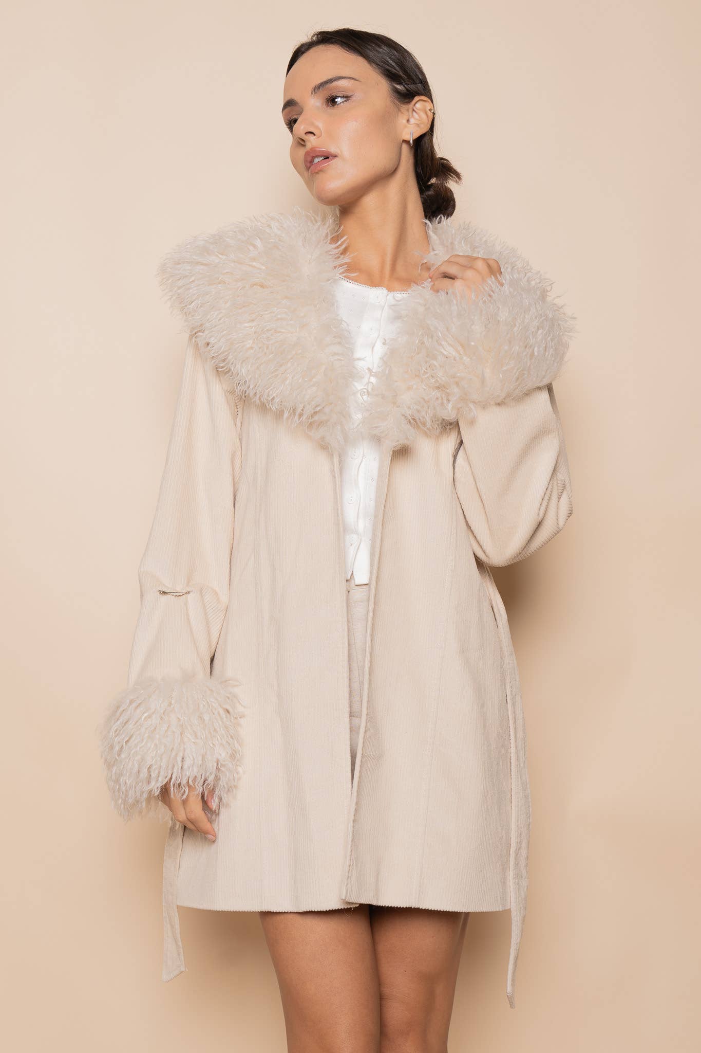 FUR LINED COLLAR HEM WAIST TIE JACKET