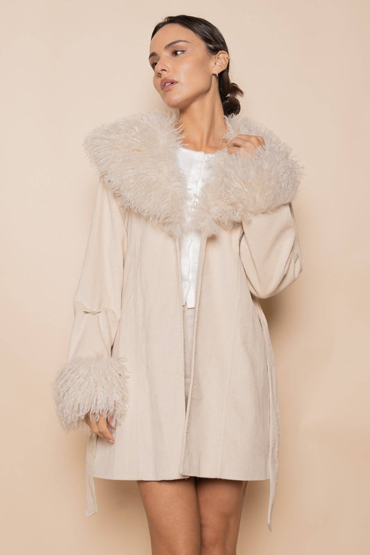 FUR LINED COLLAR HEM WAIST TIE JACKET