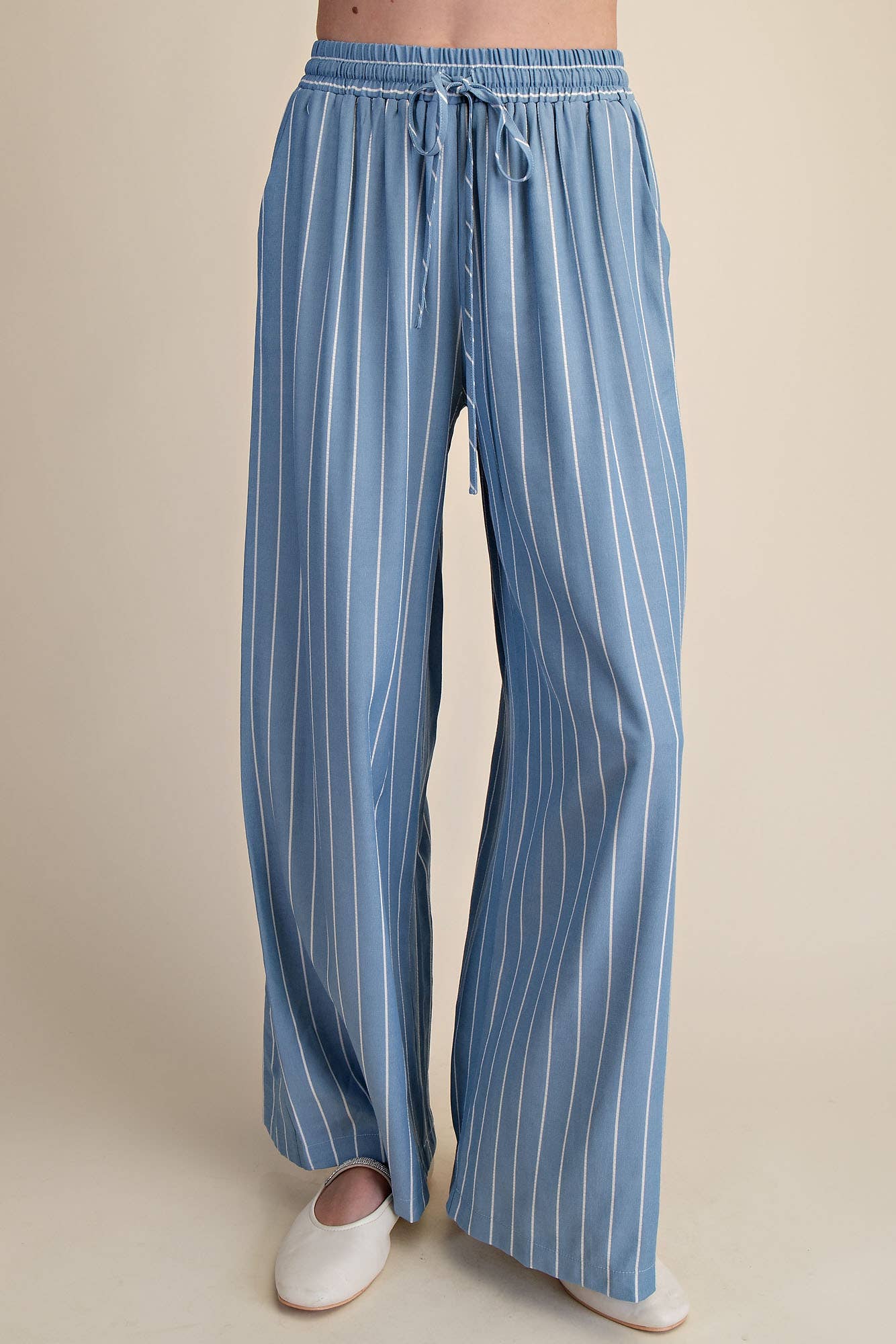 High Waist Elastic Band Stripe Wide Pants