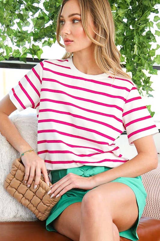 Striped Cotton Crew Neck Short-Sleeve Knit Top