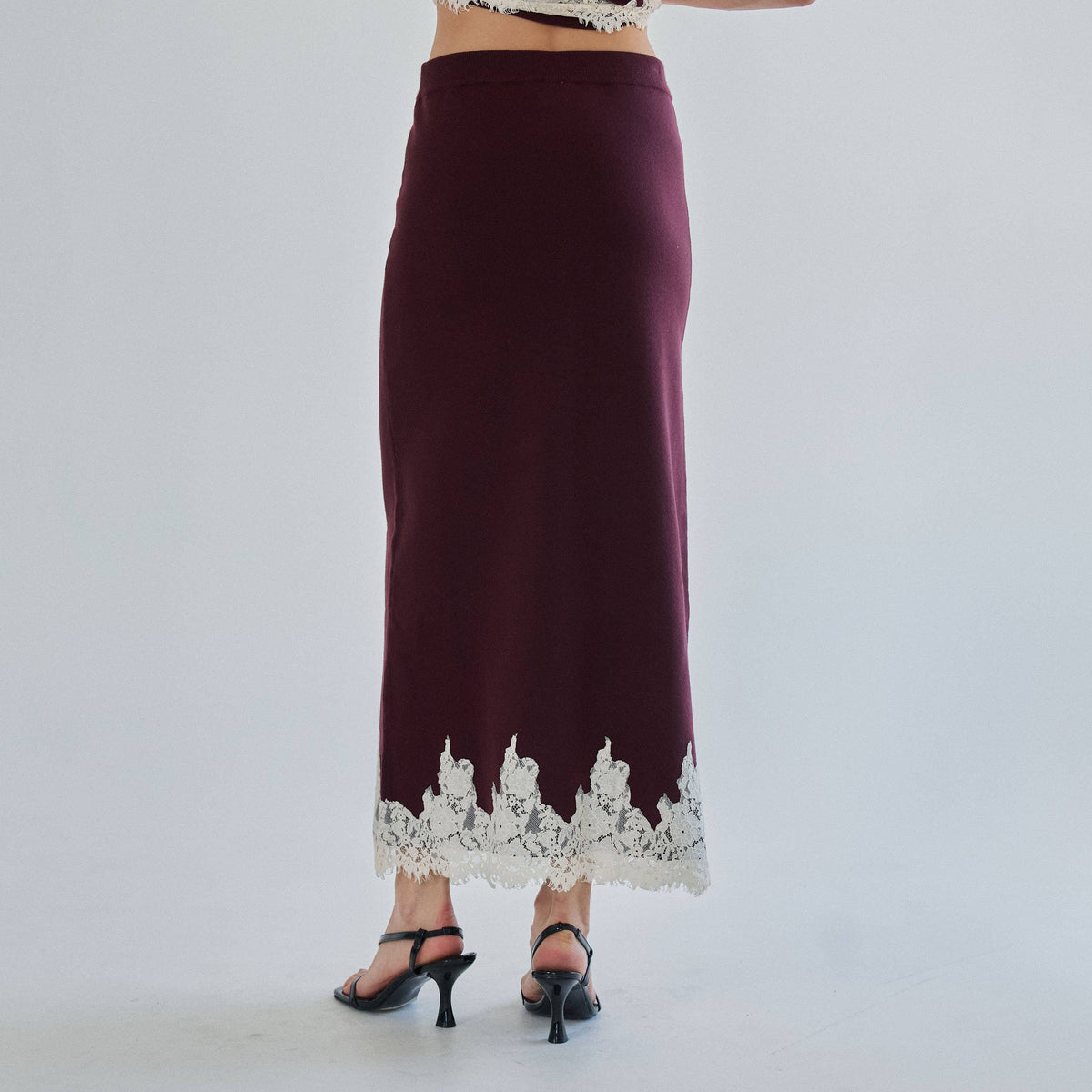 Lace Trim Mock Neck Top & Maxi Skirt Knit Set