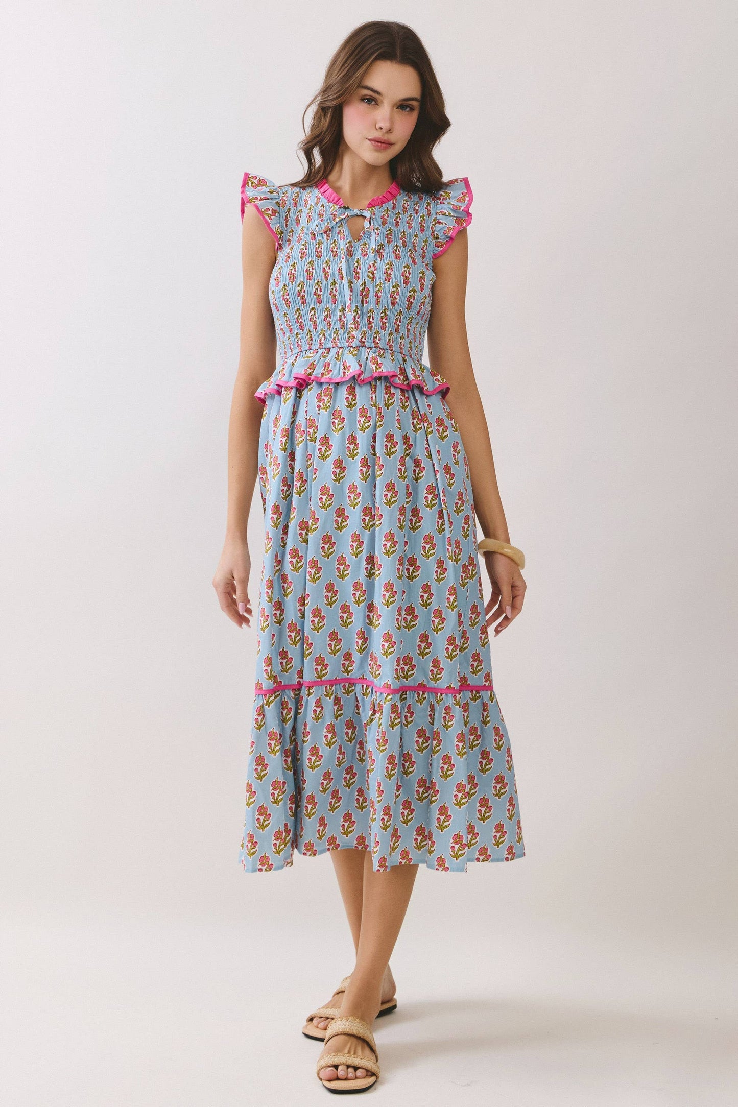 Floral Print Smocked Peplum Tiered Midi Dress