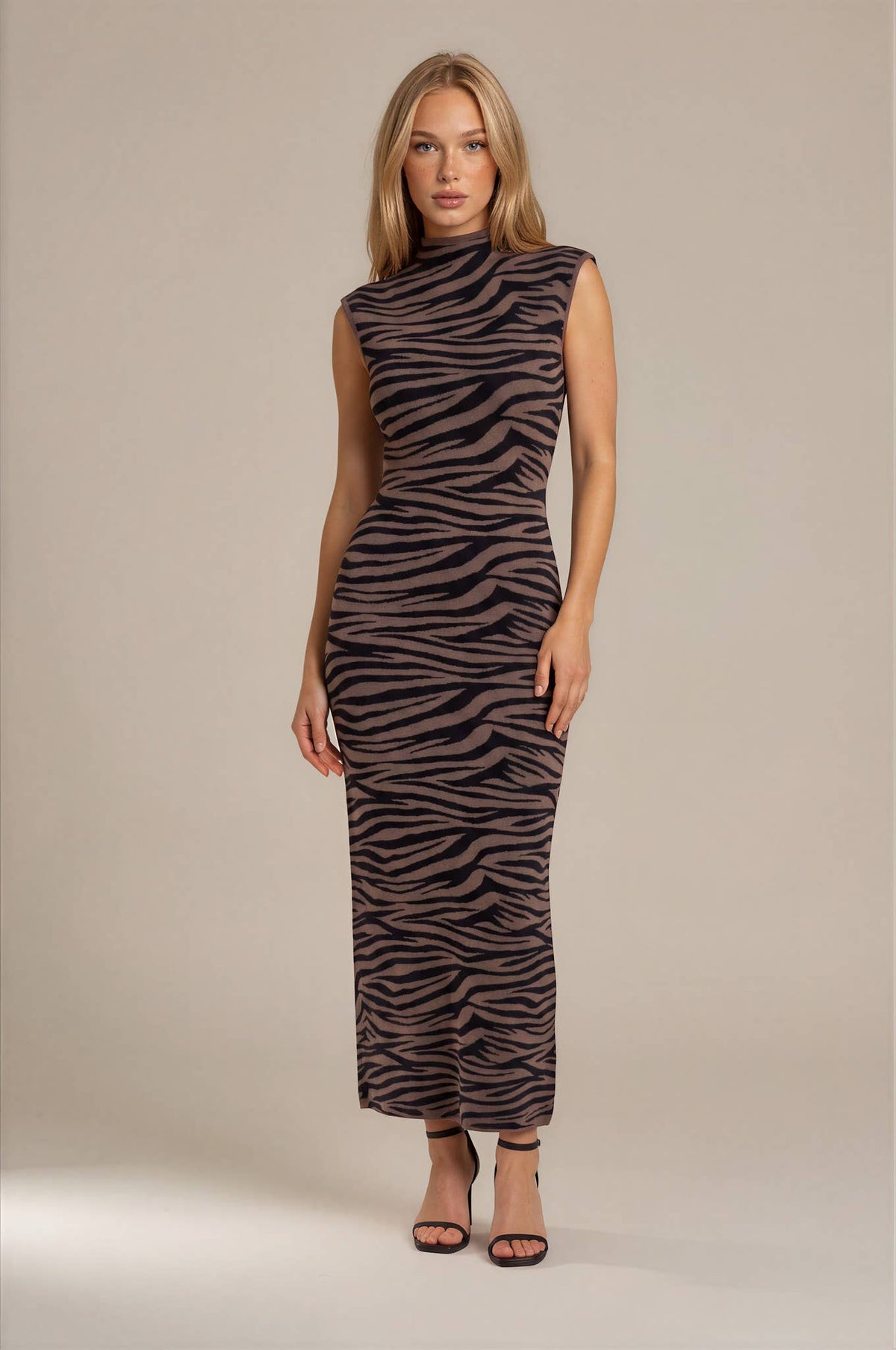 Zebra Print Mock Neck Sleeveless Knit Maxi Dress