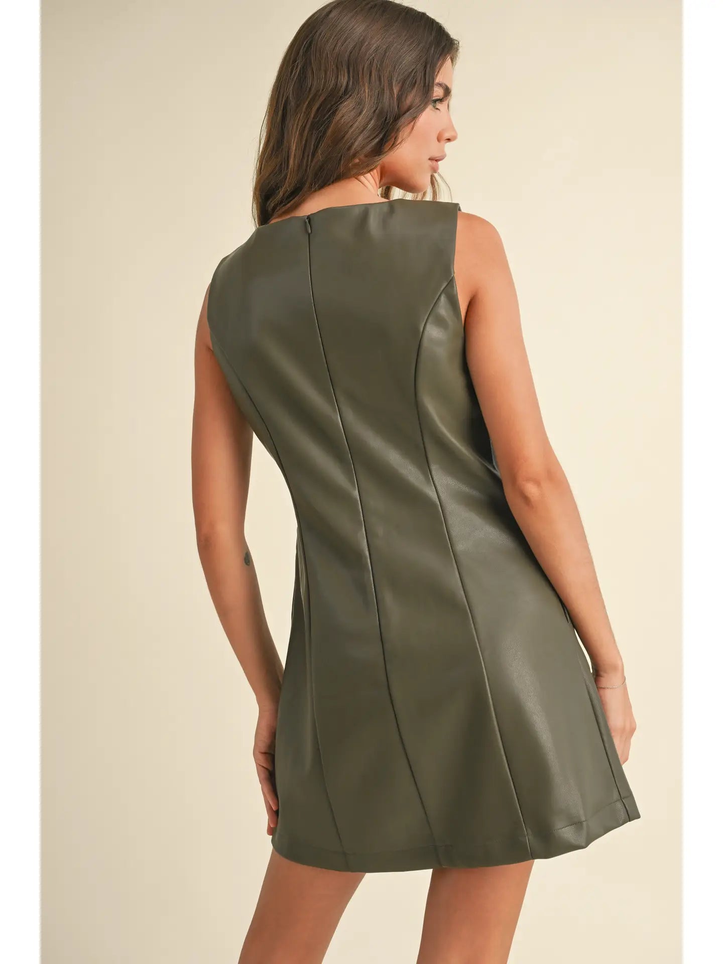 olive square neck pu mini dress