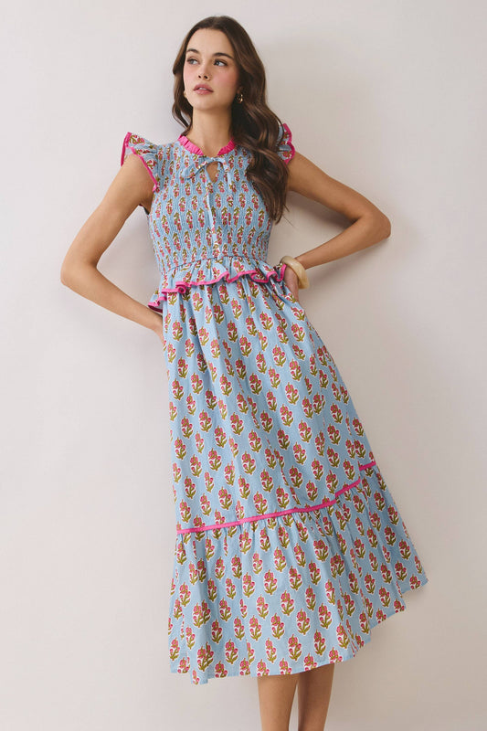 Floral Print Smocked Peplum Tiered Midi Dress