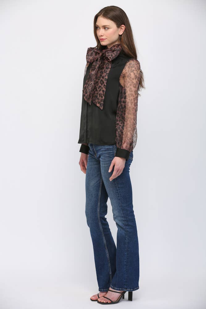 MIXED MEDIA SELF TIE NECKLINE DETAIL BLOUSE