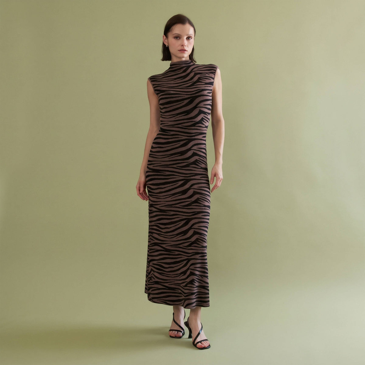 Zebra Print Mock Neck Sleeveless Knit Maxi Dress