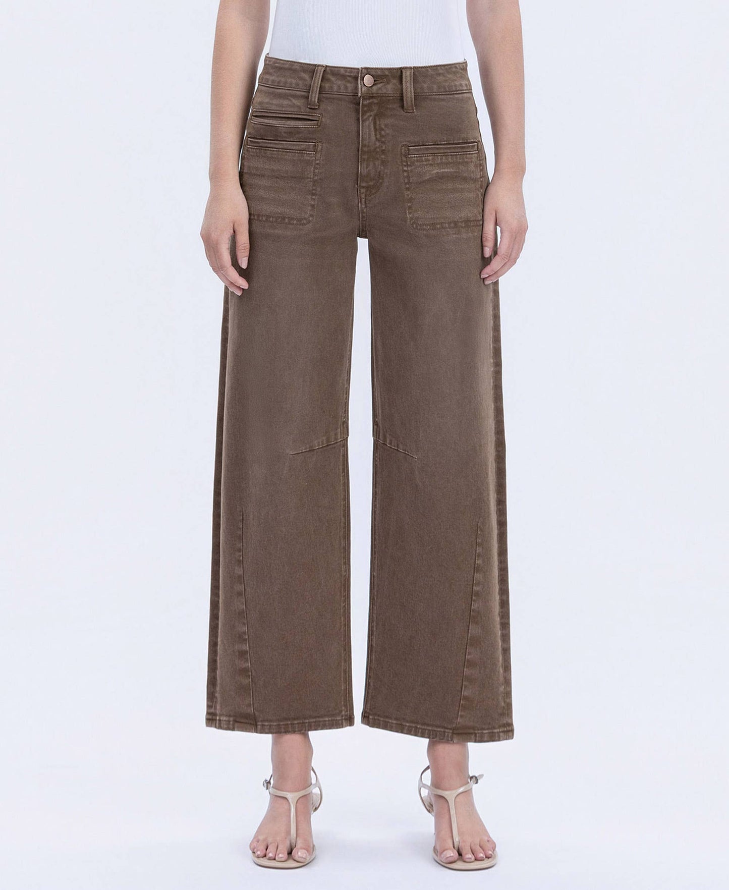 HIGH RISE FRONT WELT POCKET DETAIL BARREL JEANS