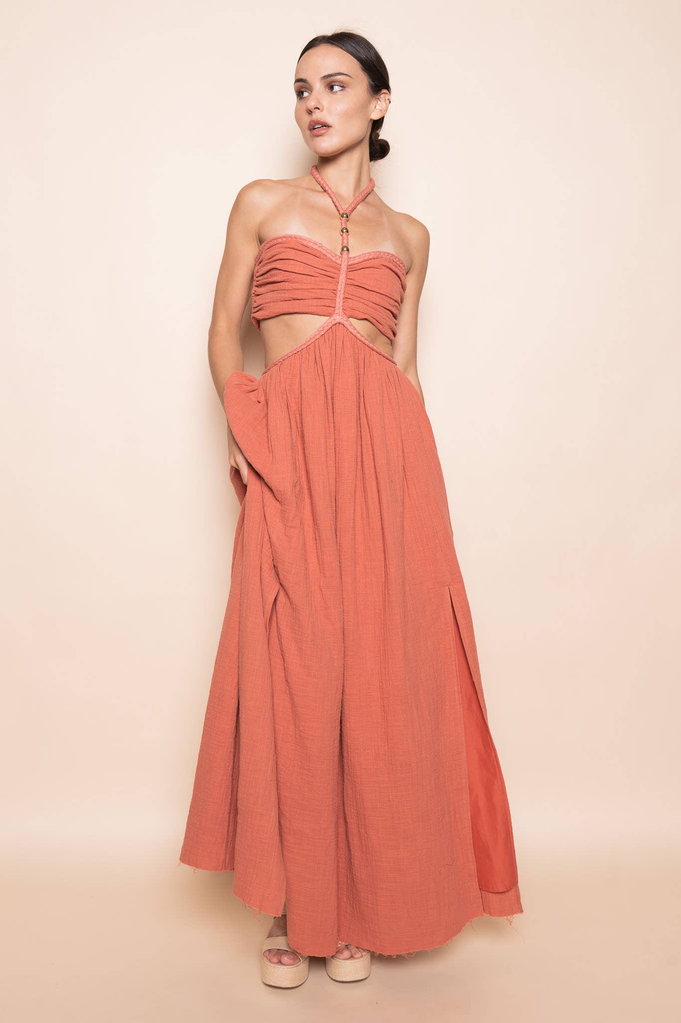 BRAIDED STRAP GOLD BEADIN CUT OUT WAIST MAXI DRESS