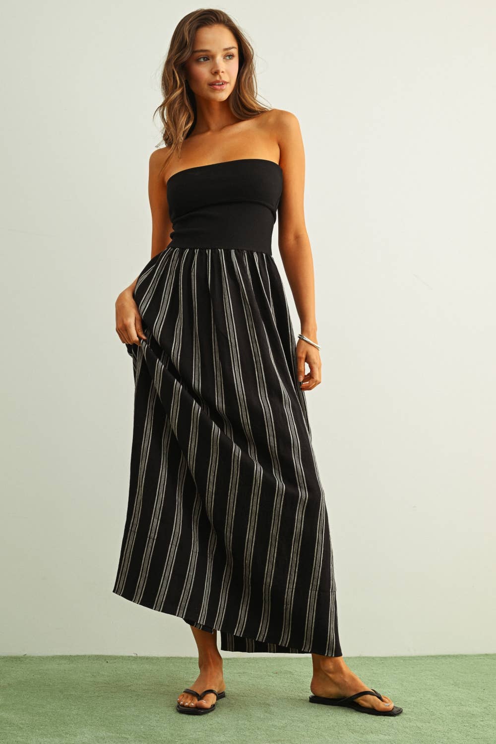 STRIPED PATTERN KNIT WITH RIBBED TOP COMBINATION DRESS