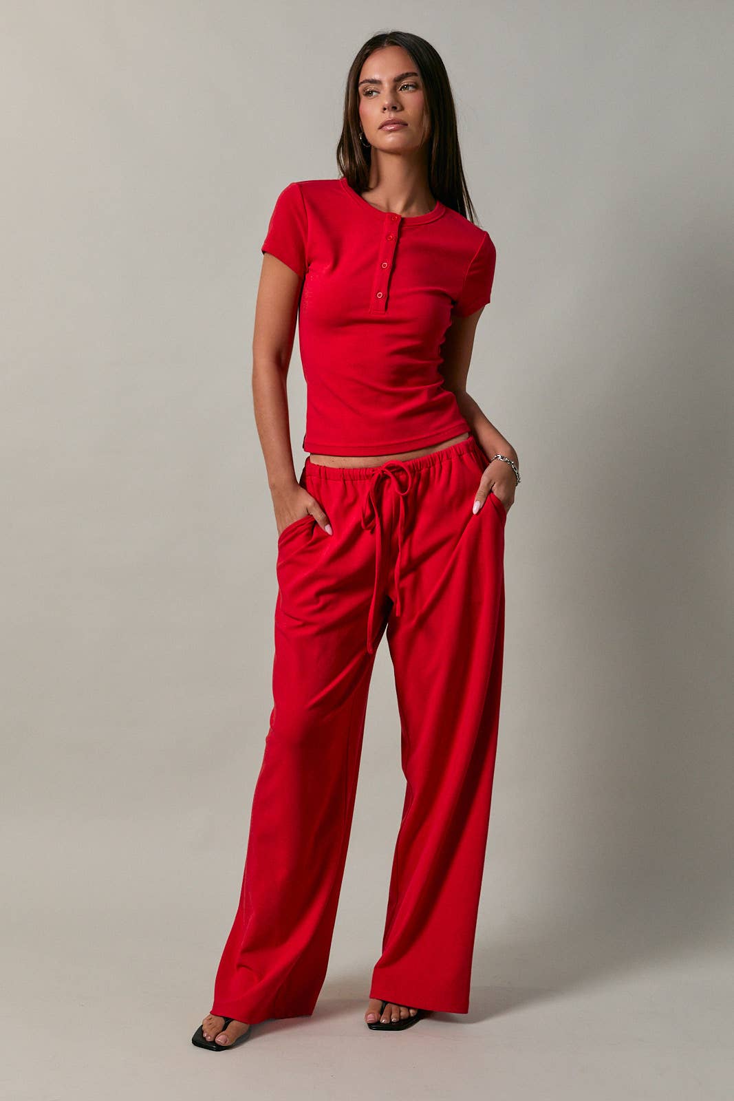 ELASTIC WAIST DRAWSTRING WIDE LEG PANTS