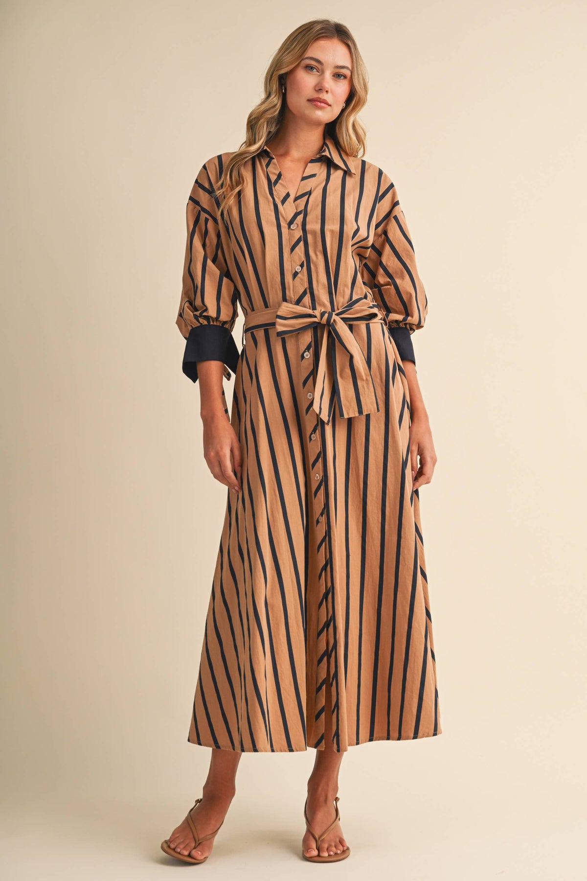 ID10703 STRIPED PRINT PINTUCK DETAIL WAIST MIDI SHIRT DRESS