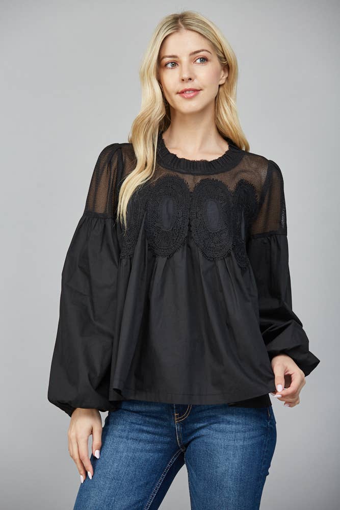 LACE APPLIQUE DETAIL MIXED MEDIA LONG SLV BLOUSE