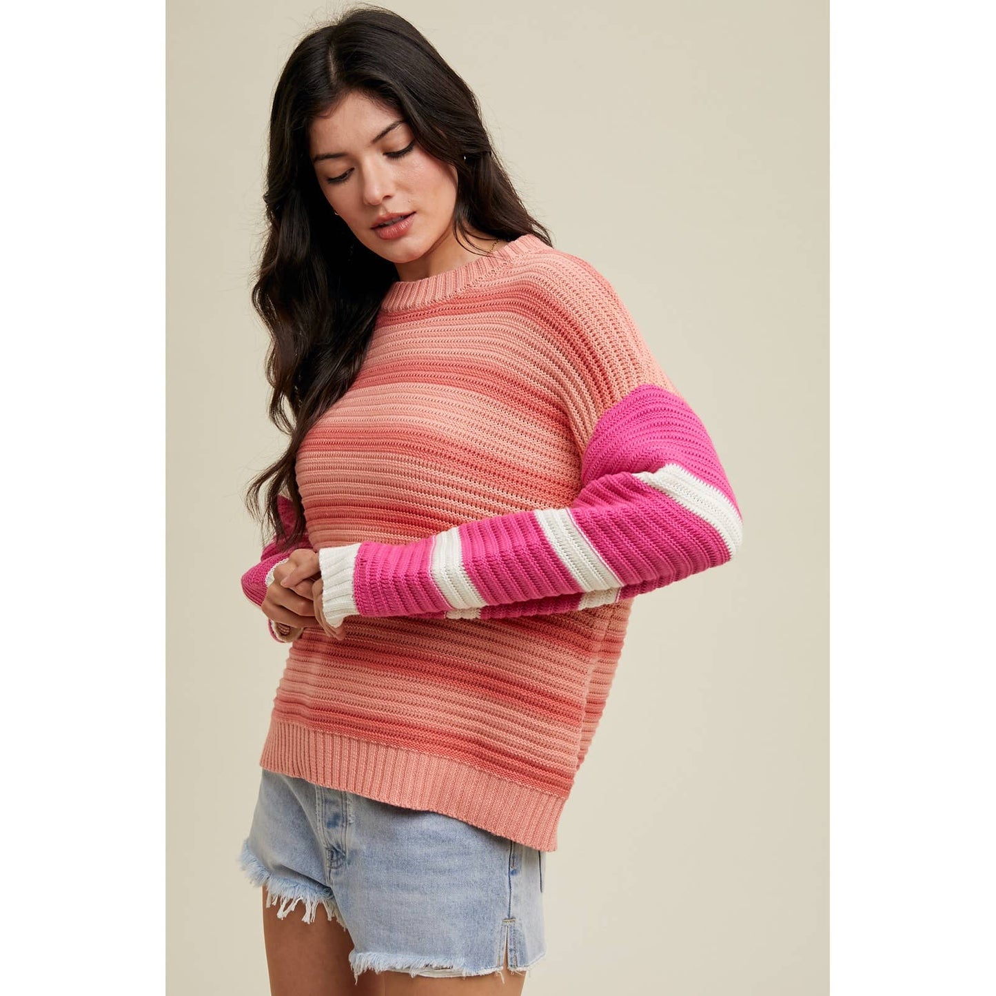 STRIPED SLEEVE CONTRAST SWEATER