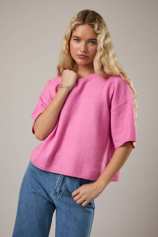 SHORT SLEEVE CREW NECK BOXY SWEATER TOP
