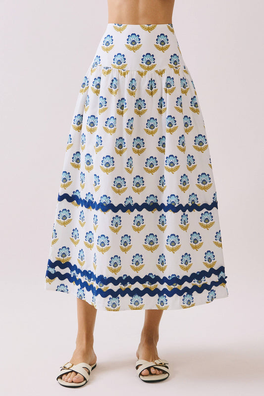 Floral Print Wide Waistband Contrast Border Skirt