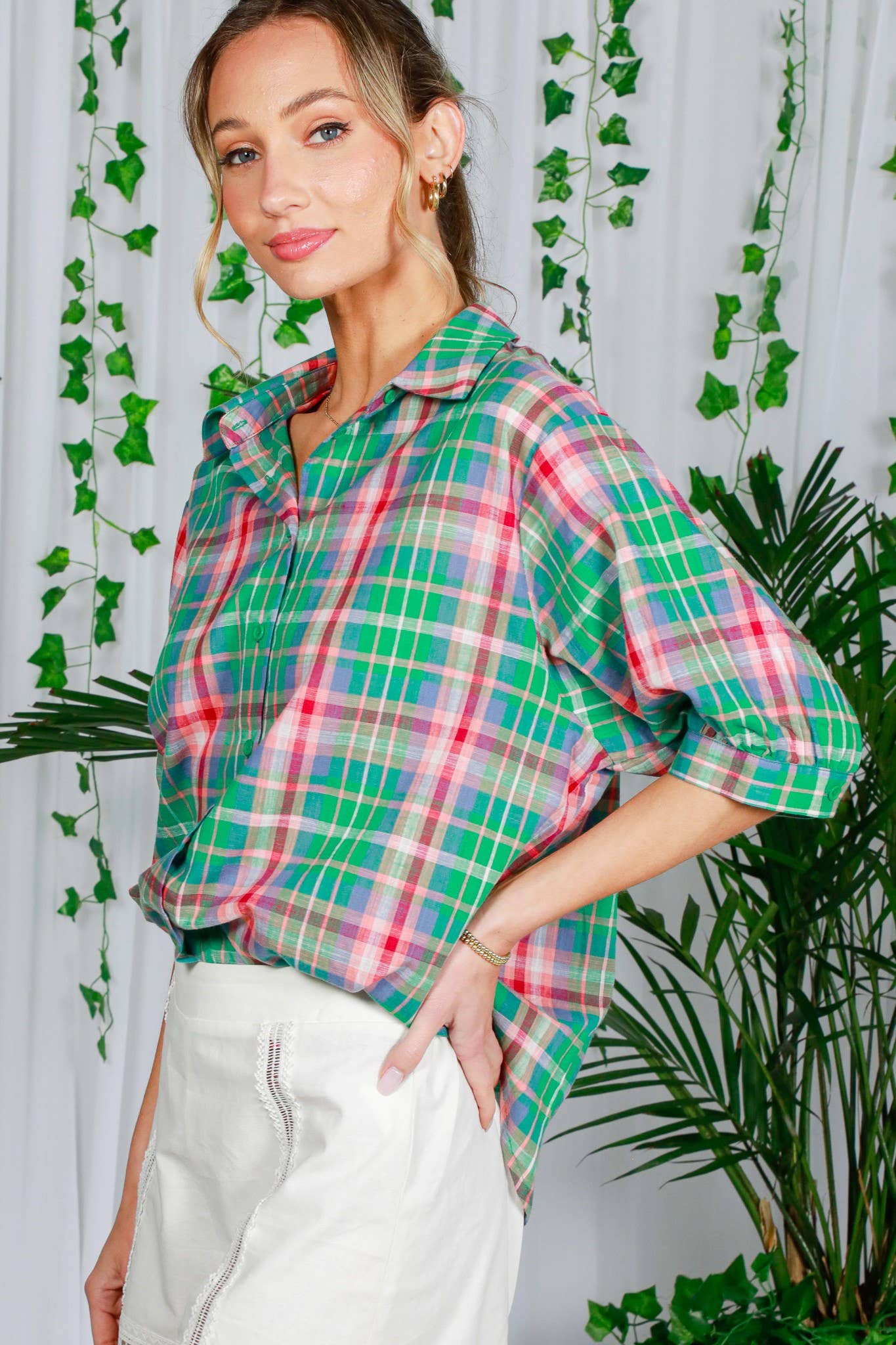 Plaid Print Cotton Collared Button Front Shirts