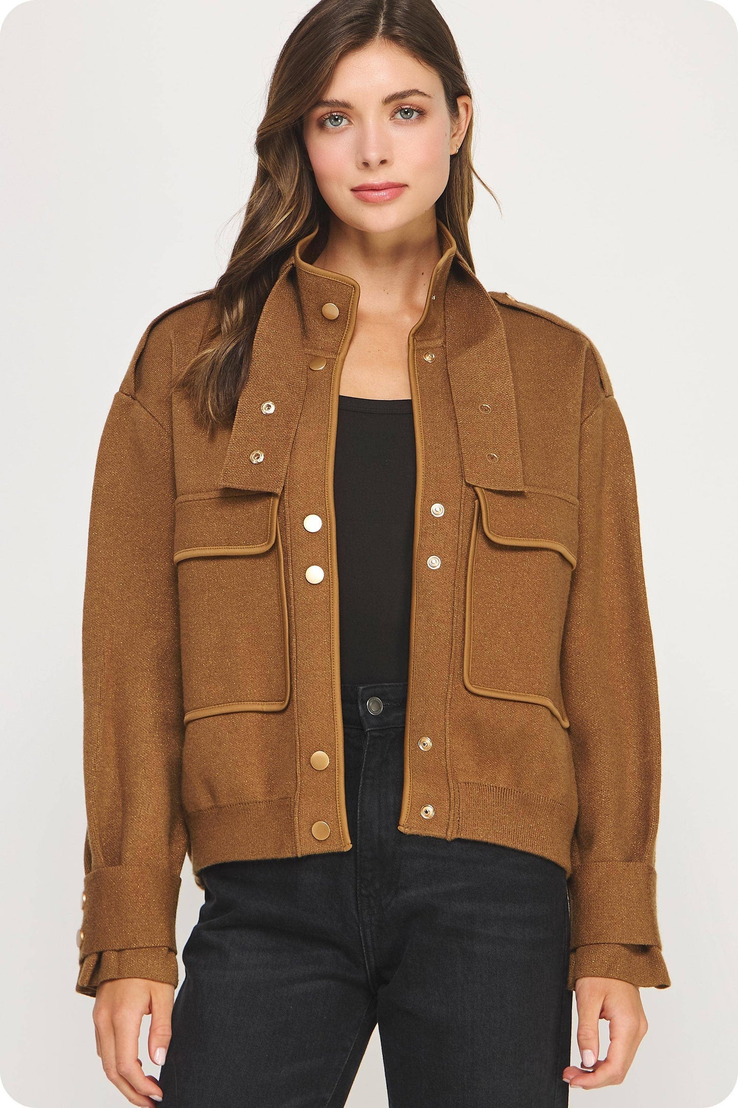 Satin Piping Pocket Detail Lurex Knit Jacket