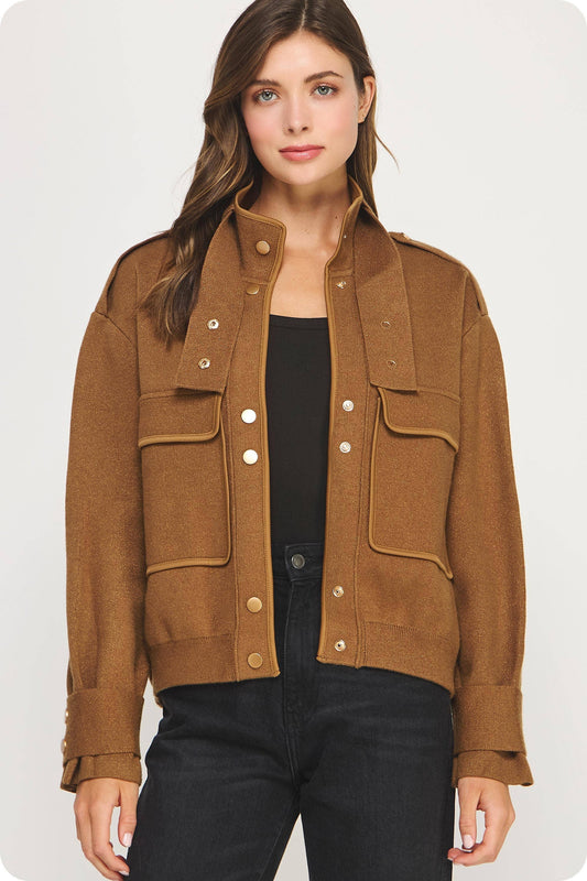 Satin Piping Pocket Detail Lurex Knit Jacket