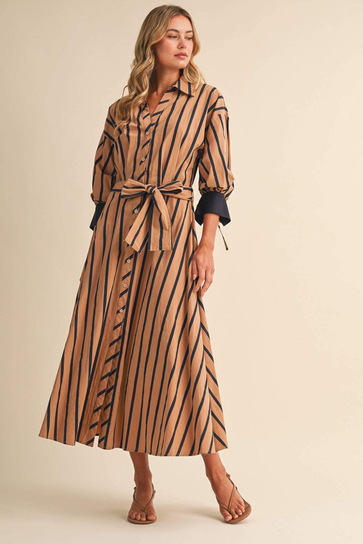 ID10703 STRIPED PRINT PINTUCK DETAIL WAIST MIDI SHIRT DRESS
