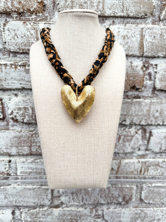 Chunky Leopard Bandana with Gold Leafed Heart Necklace 