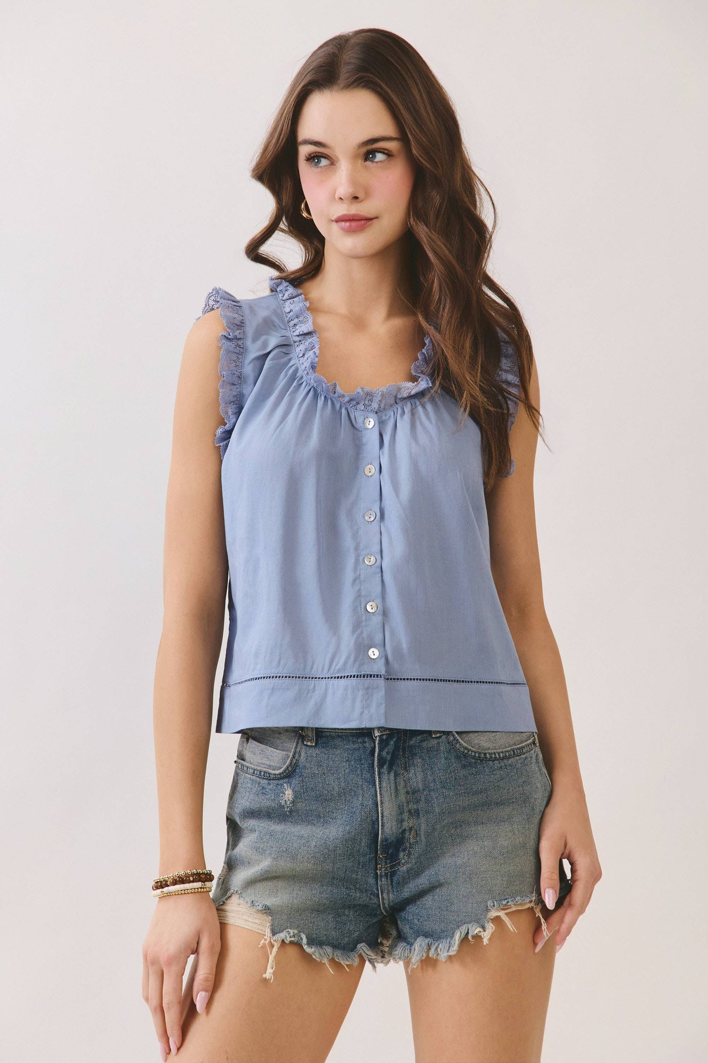 Lace Trim Button Front Sleeveless Blouse