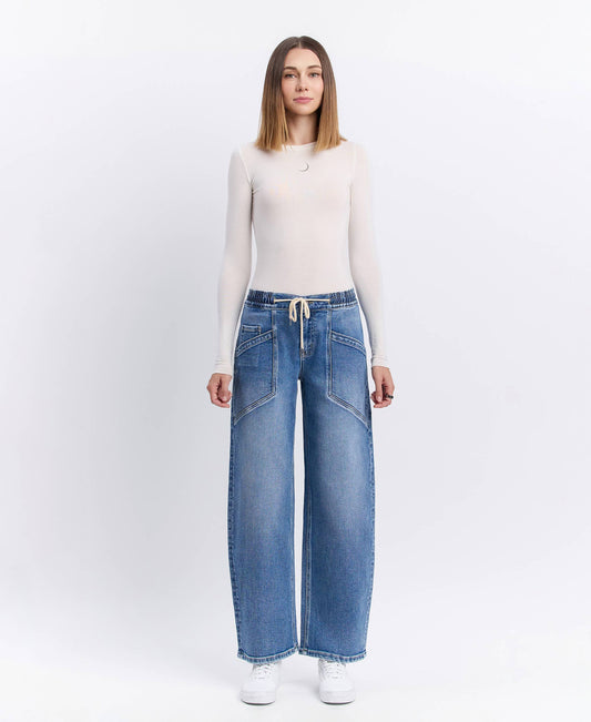 HIGH RISE ELASTIC WAISTBAND WIDE BARREL JEANS