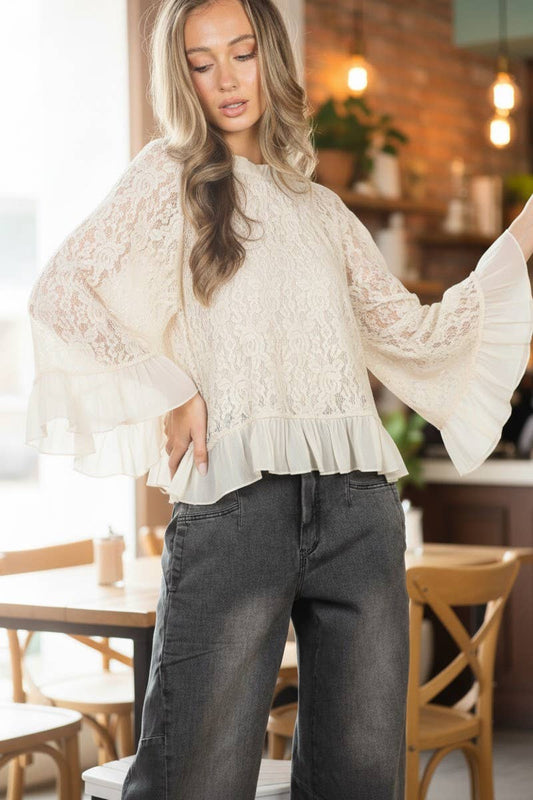 Ruffle Neck & Hem Bell Sleeve Loose Lace Blouse Top