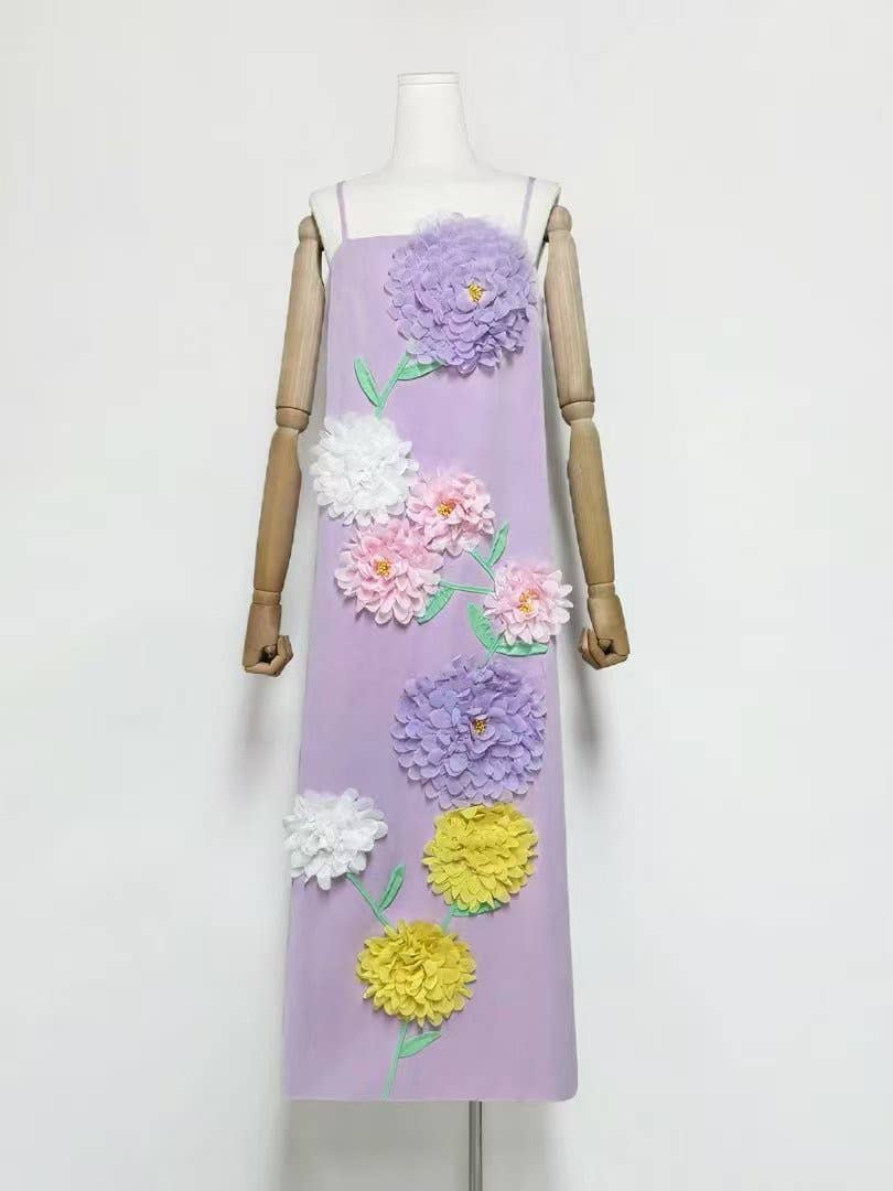 DR516Y Colorful 3D Floral Swing Suspender Long Summer Dress