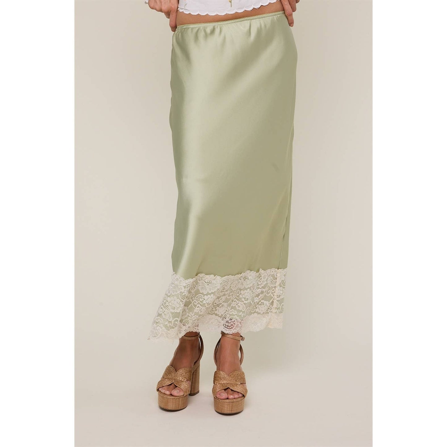 LACE TRIM SATIN MIDI SKIRT