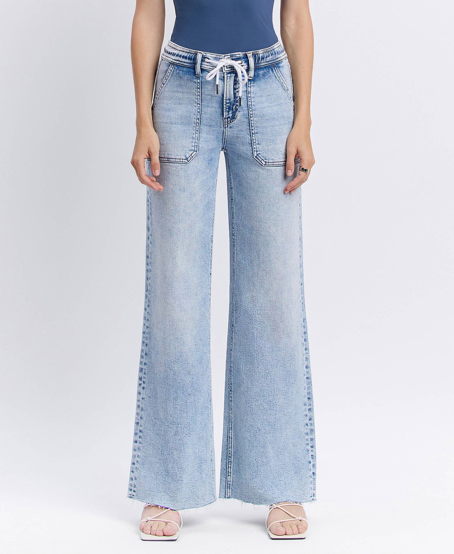 HIGH RISE DRAWSTRING WAISTBAND WIDE LEG JEANS