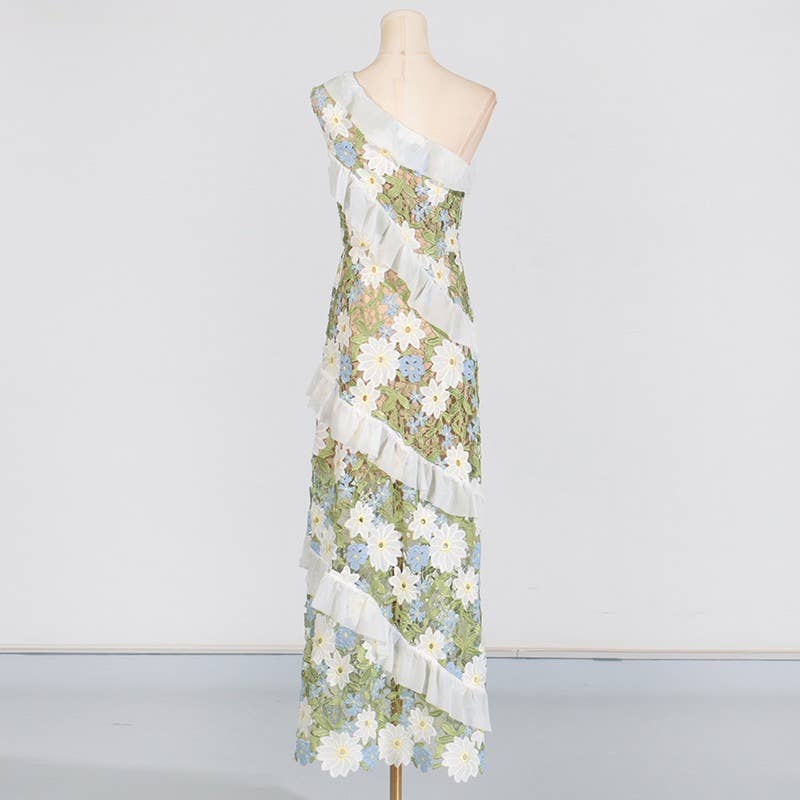 DR409 Floral Embroidered One-Shoulder Ruffle Maxi Dress