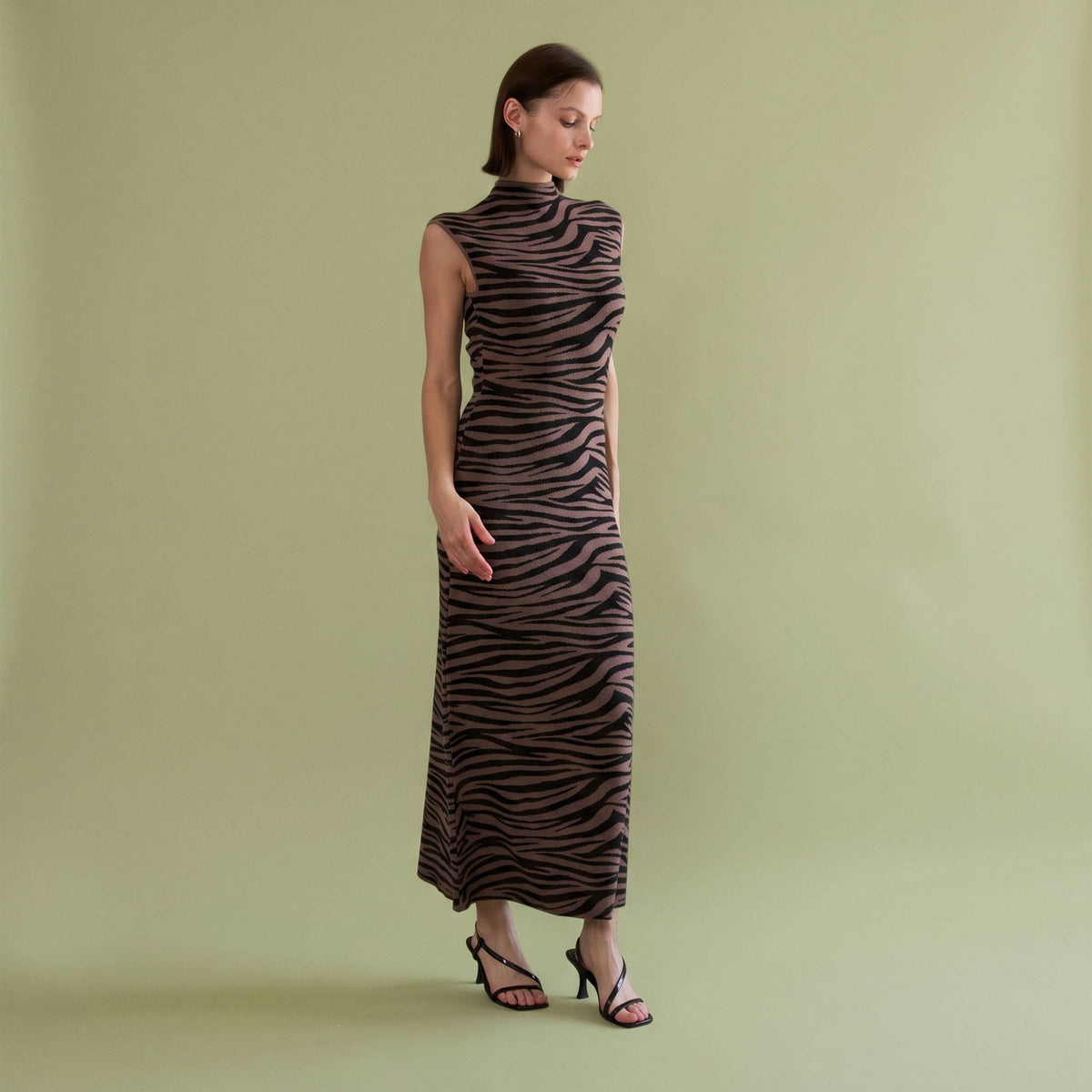 Zebra Print Mock Neck Sleeveless Knit Maxi Dress
