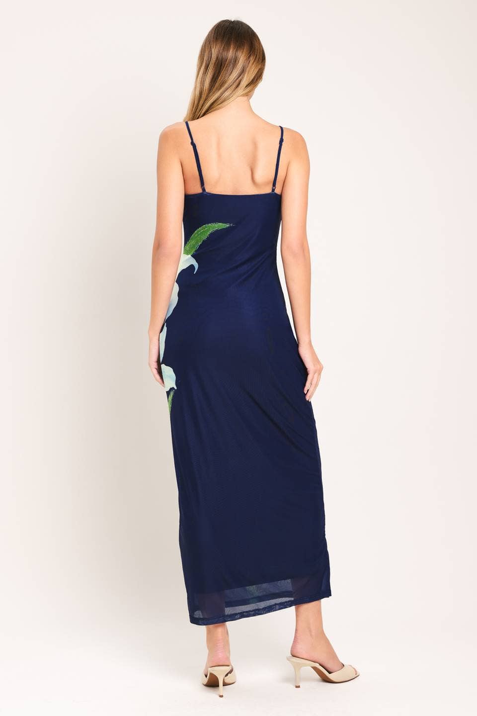 A printed power mesh midi dress