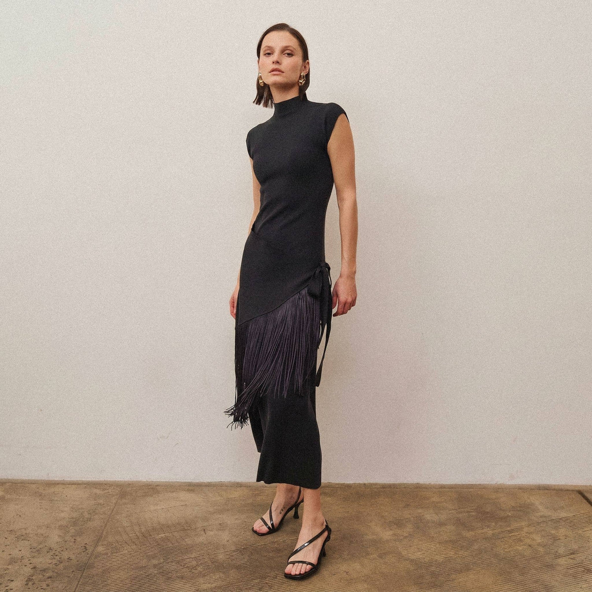 Fringe faux wrap dress