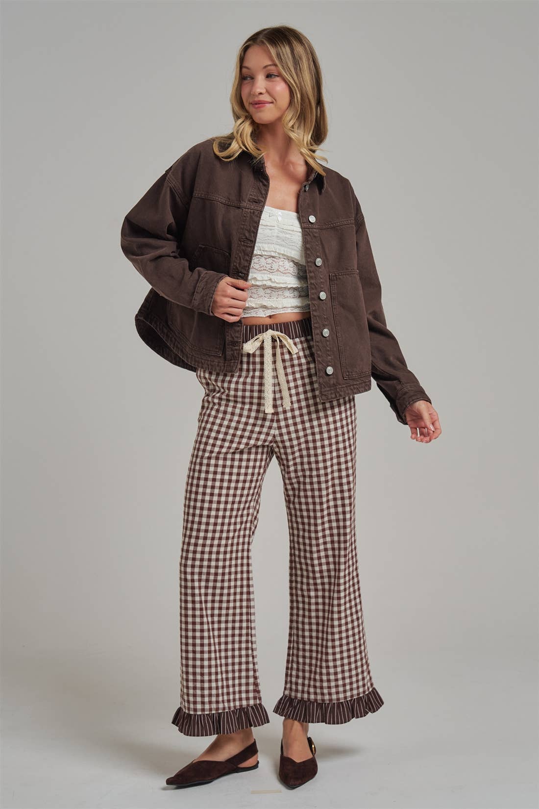 GINGHAM CHECK ELASTIC WAIST PANTS