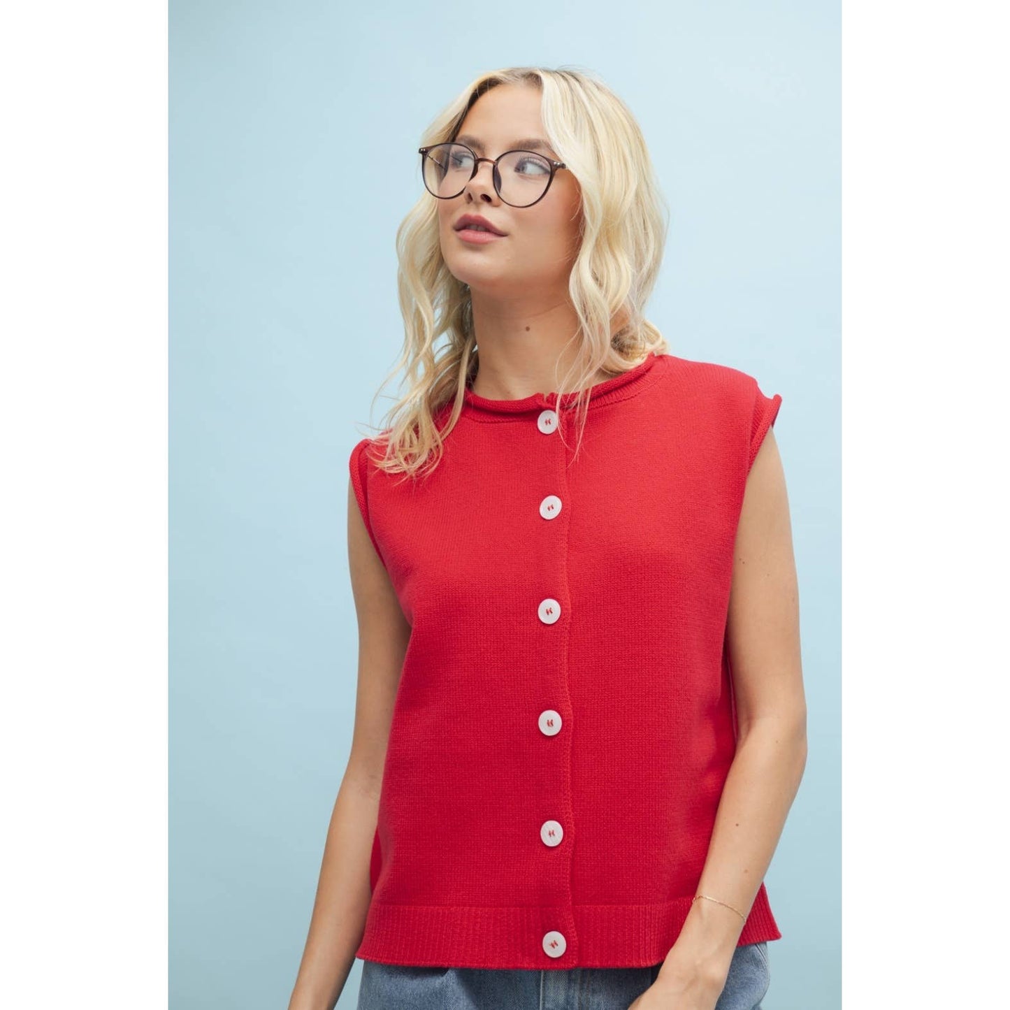 SWEATER BUTTON-UP VEST WITH ROLLED HEM DETAIL (multiple colors)