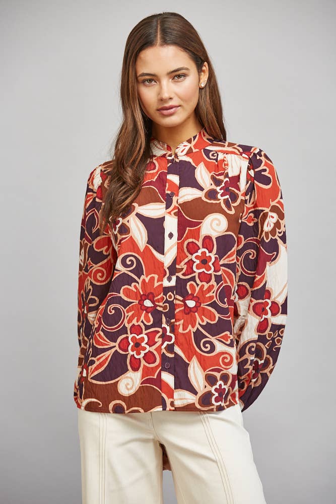 LARGE SCALE ABSTRACT FLORAL PRINT STAN-UP COLLAR BUTTON DOWN