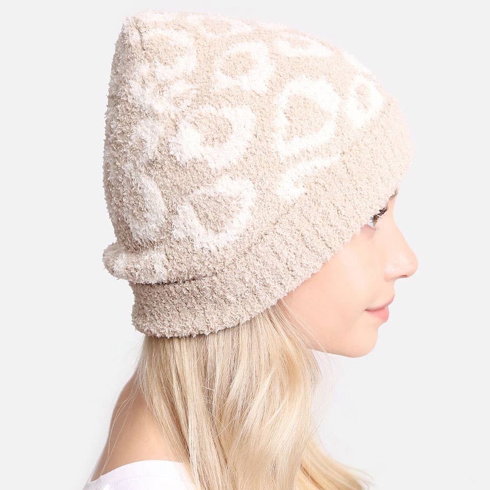 Leopard Patterned Soft Knit Beanie Hat
