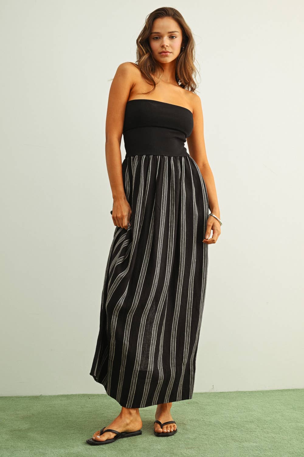 STRIPED PATTERN KNIT WITH RIBBED TOP COMBINATION DRESS