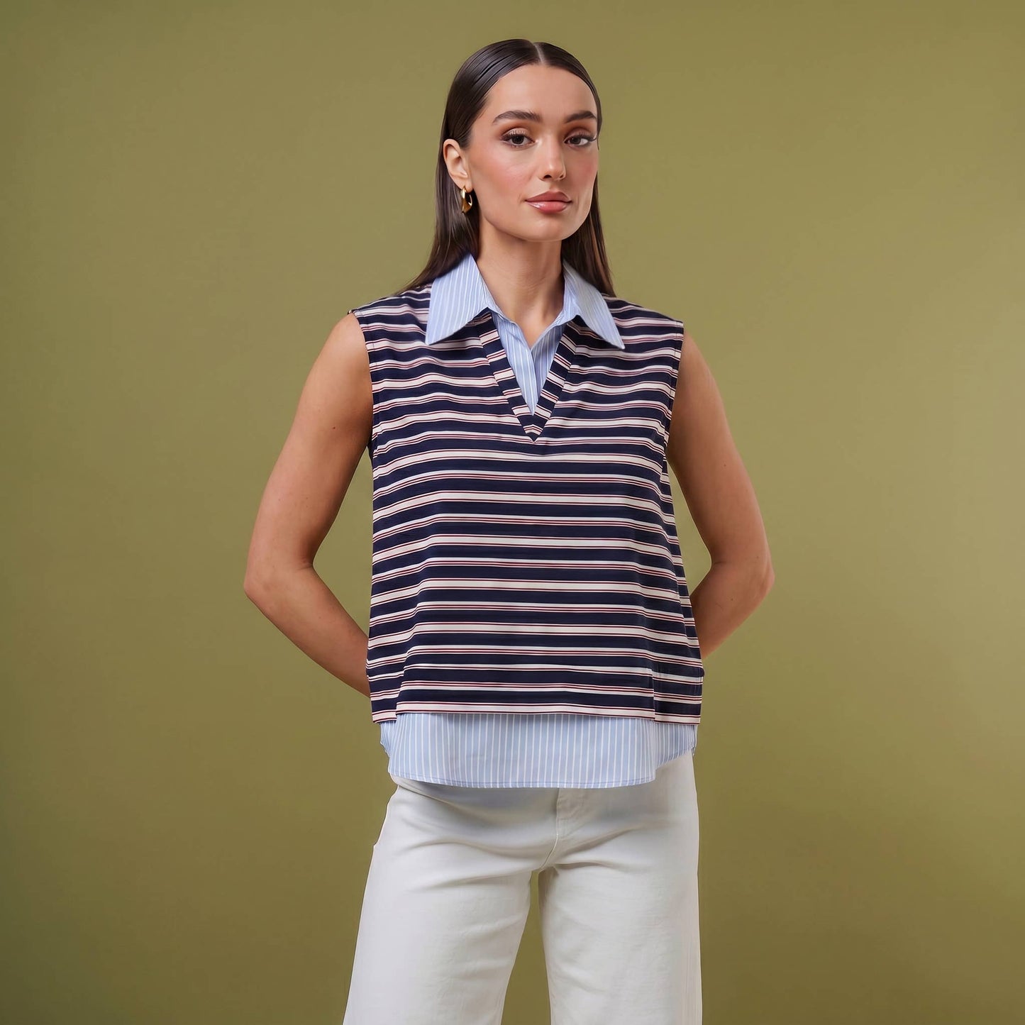 Layered look striped knit top