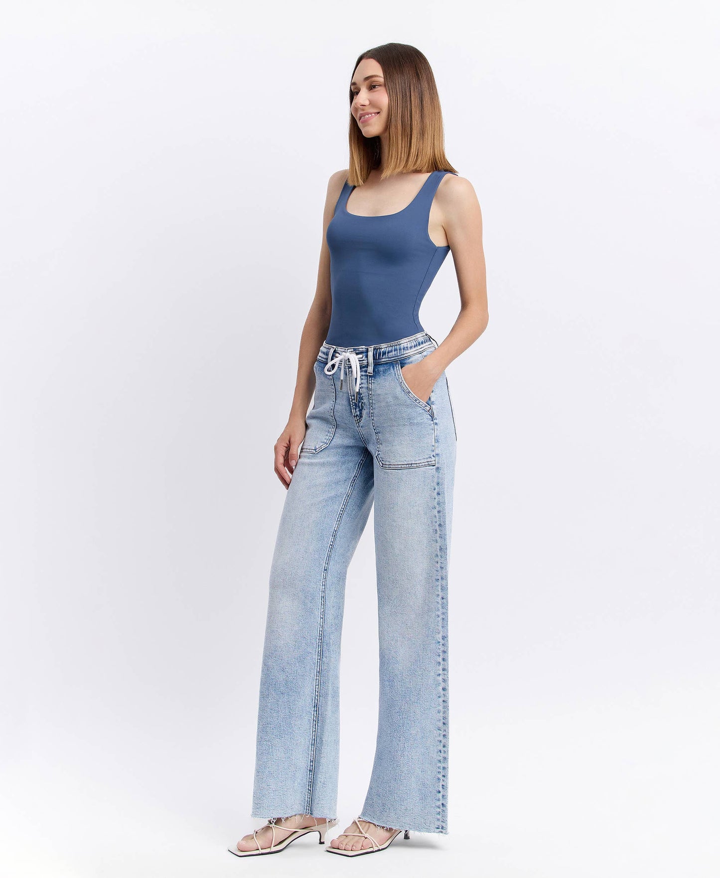 HIGH RISE DRAWSTRING WAISTBAND WIDE LEG JEANS