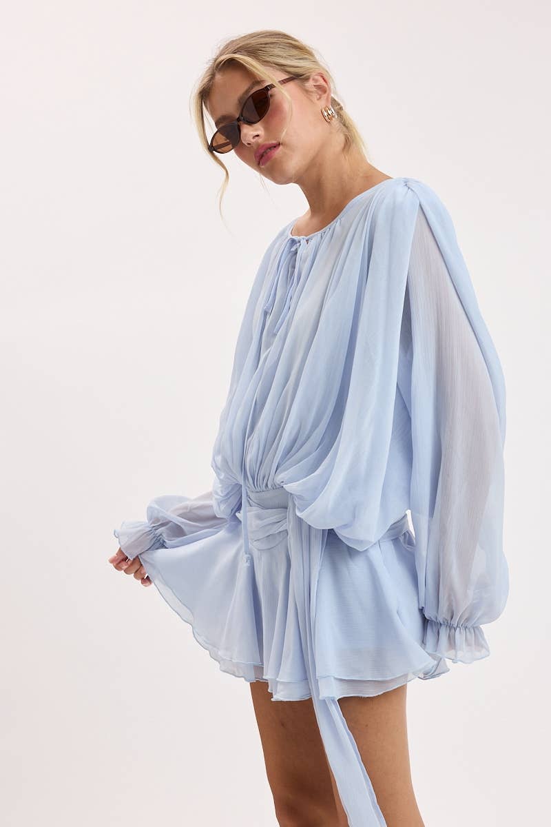 CRINKLE CHIFFON SHOULDER PAD RUFFLE MINI DRESS